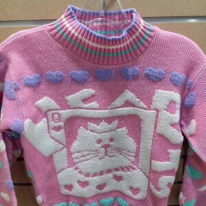 Vintage Girls Hearts Cat Princess Sweater Youth